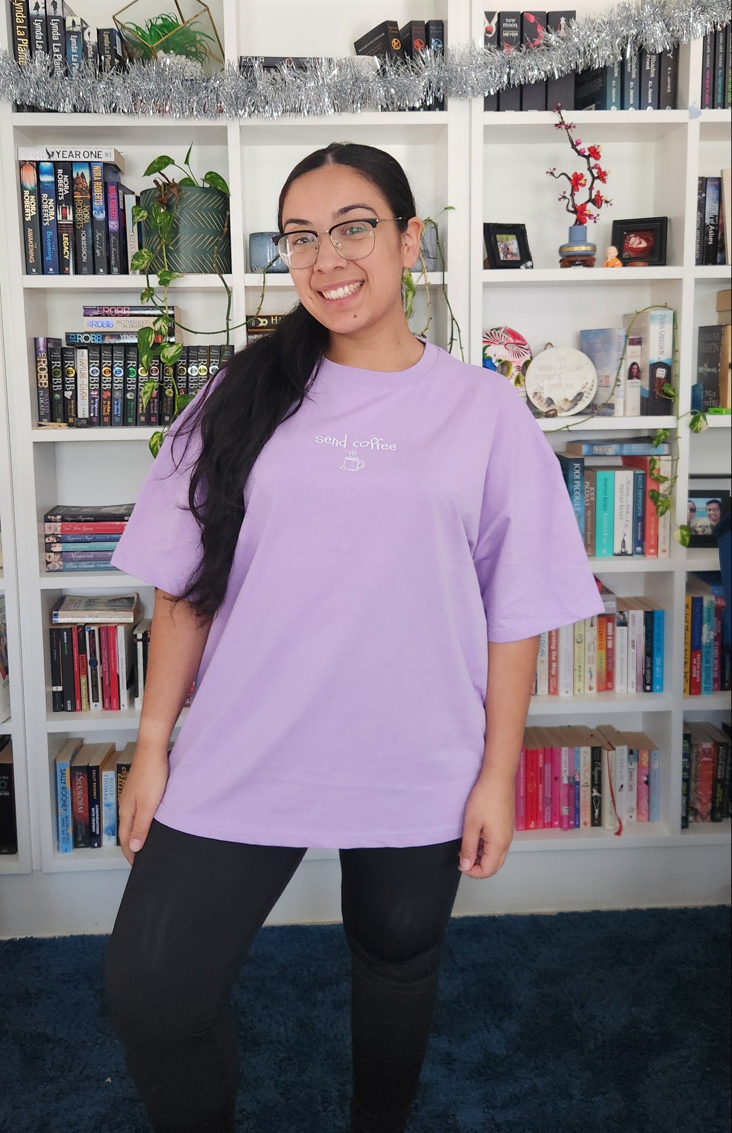 'send coffee' Embroidered Oversized T-Shirt