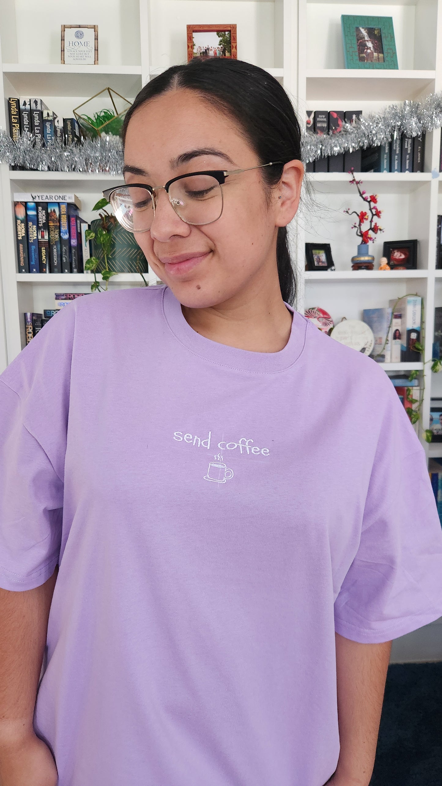 'send coffee' Embroidered Oversized T-Shirt