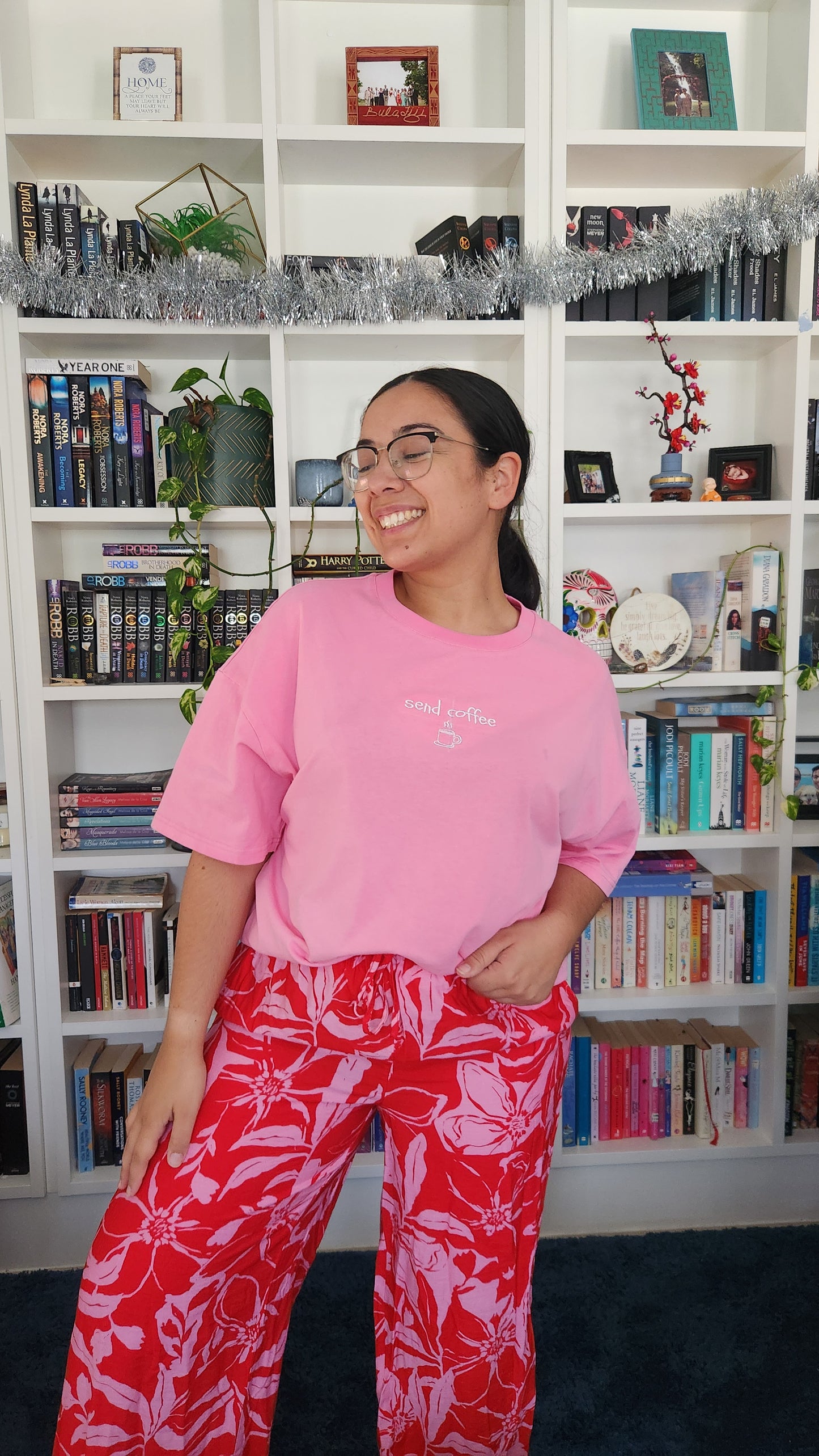 'send coffee' Embroidered Oversized T-Shirt