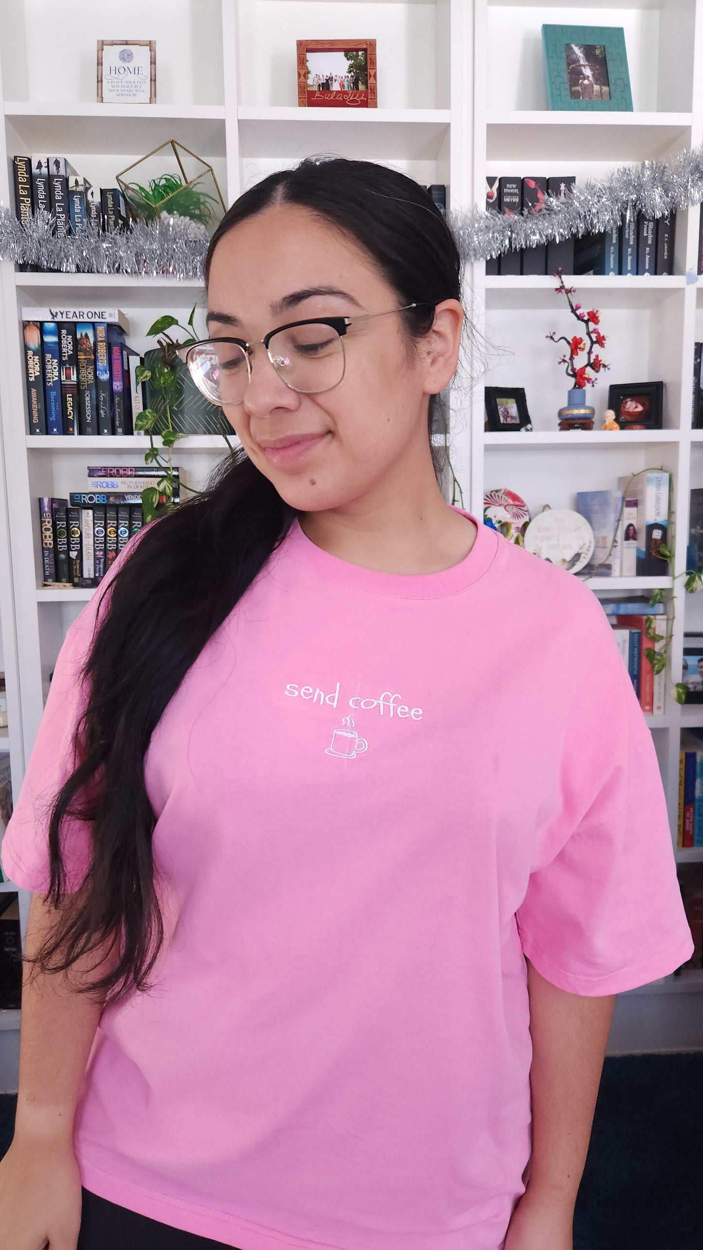 'send coffee' Embroidered Oversized T-Shirt