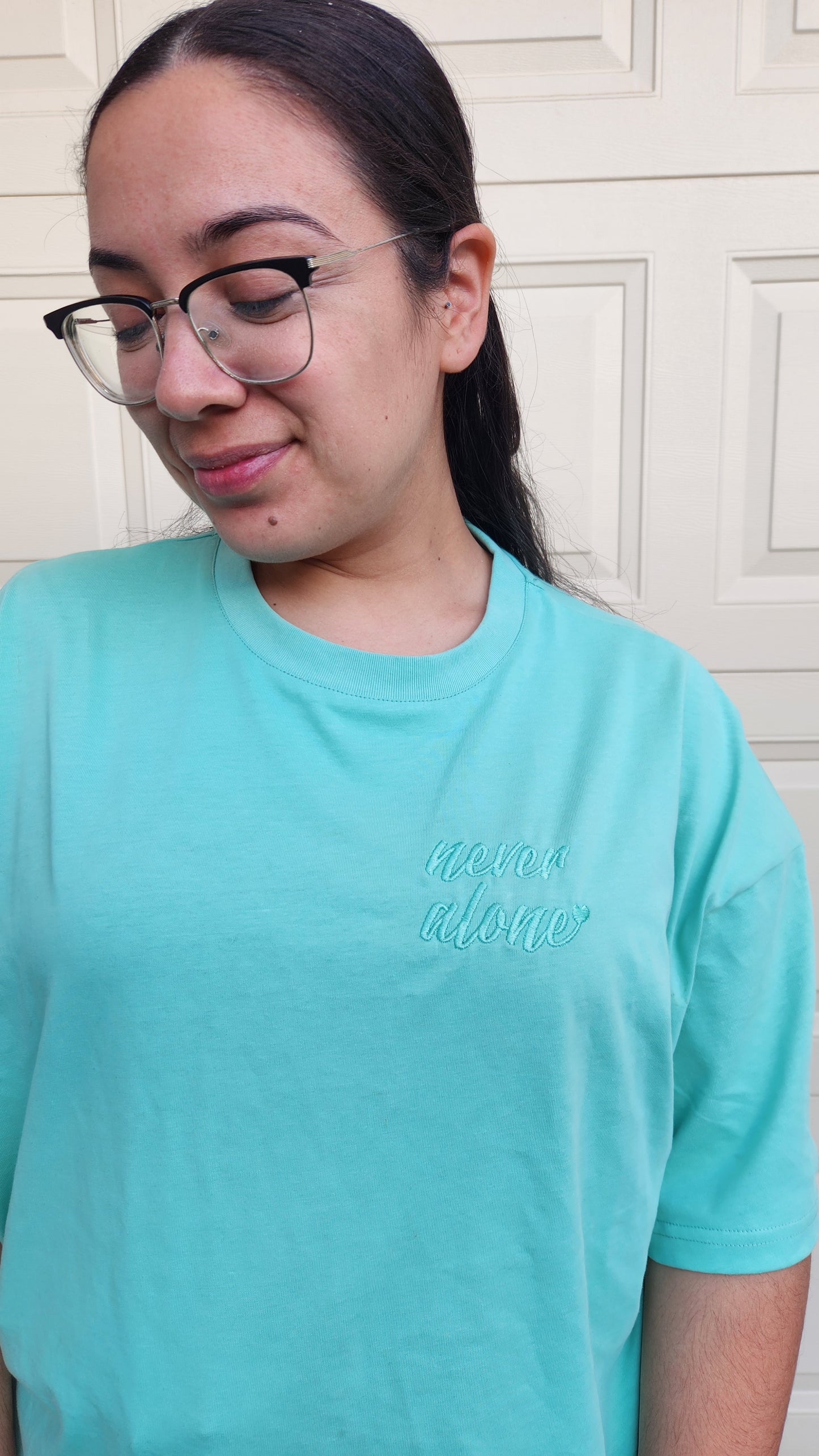 'Never Alone' Embroidered Oversized T-Shirt