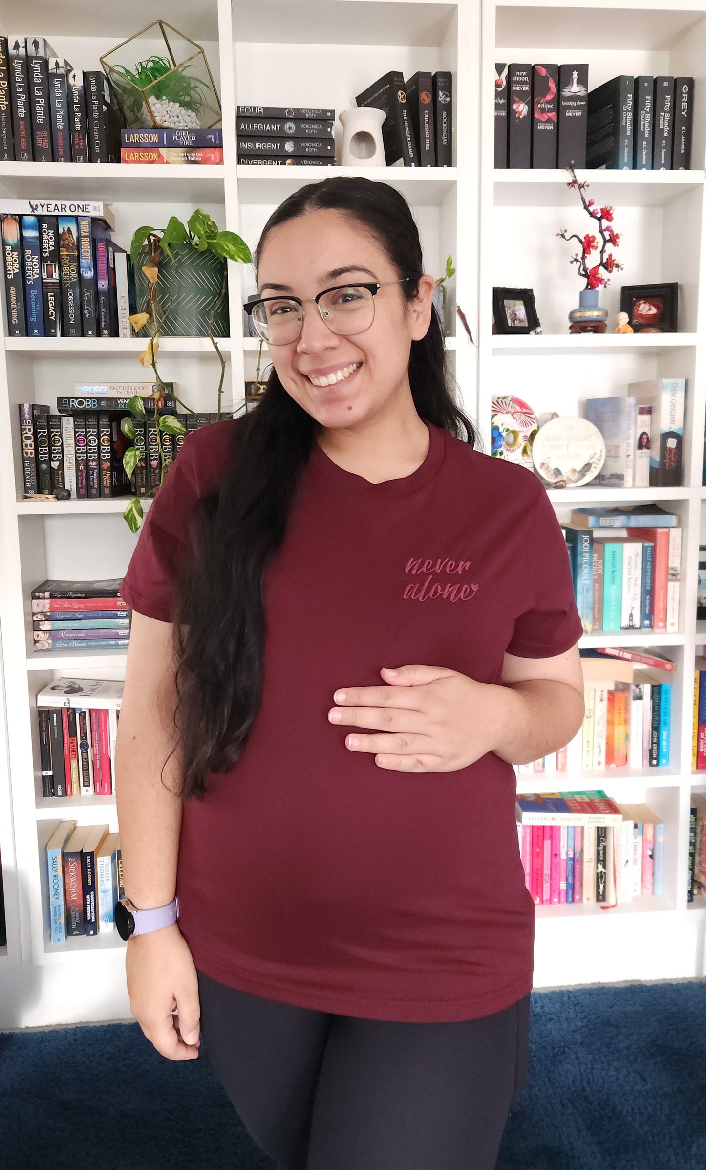 'never alone' Embroidered Regular T-Shirt